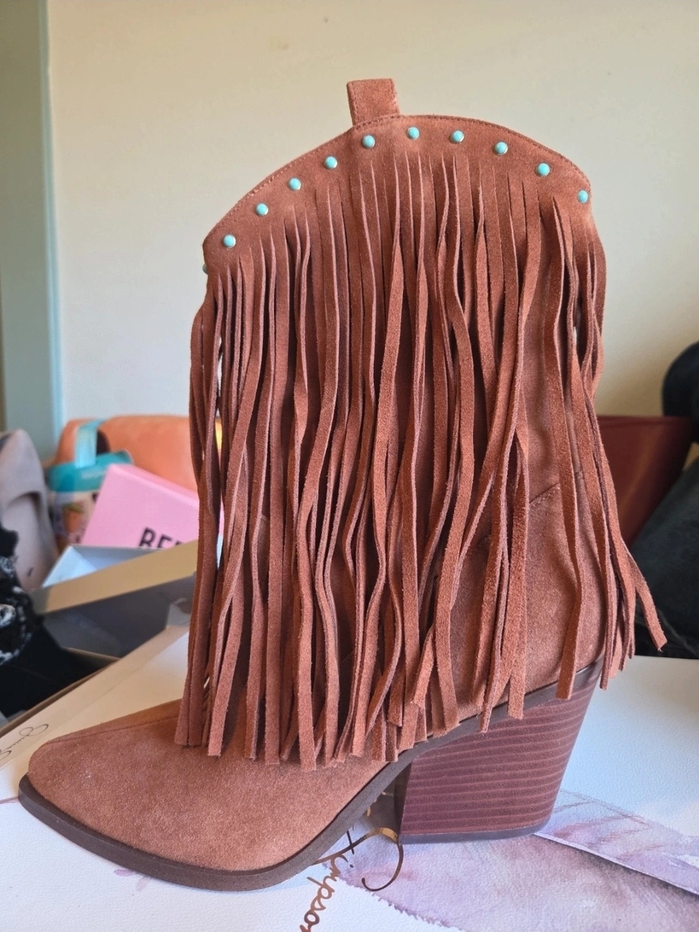 Jessica Simpson Rust Suede Fringe Ankle Boots with Turquoise Studs
